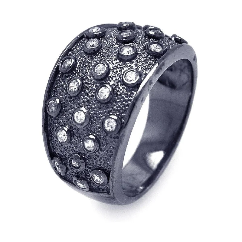 Ladies rings art deco elegance-Silver 925 Black Rhodium Plated CZ Textured Cigar Band Ring - STR00825