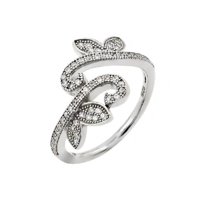 Ladies rings fair trade styles-Silver 925 Rhodium Plated Pave Set Clear CZ Leaf Vine Ring - GMR00007