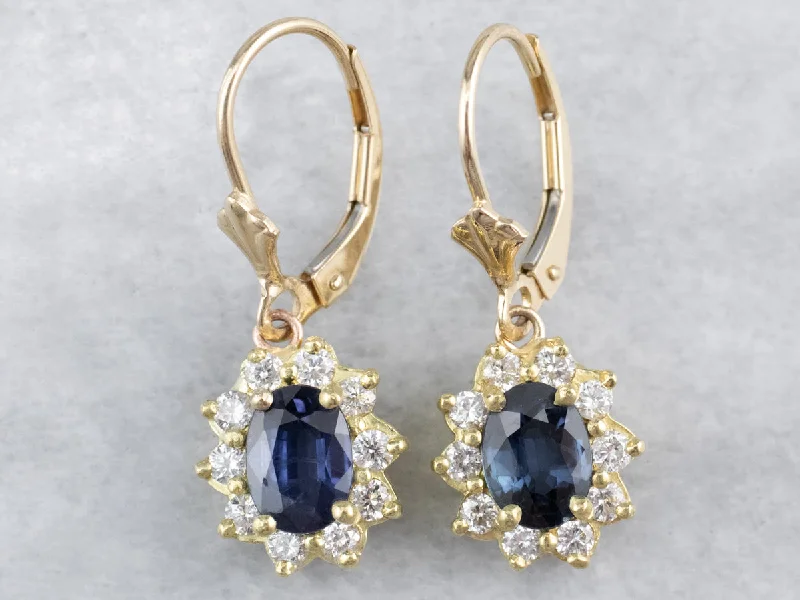 Ladies earrings double halo styles-Sapphire Diamond Halo Gold Drop Earrings