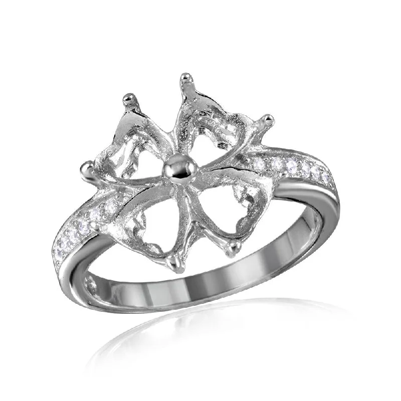 Ladies rings thoughtful birthday surprises-Silver 925 Rhodium Plated Flower Hearts Mounting Ring - BGR00714