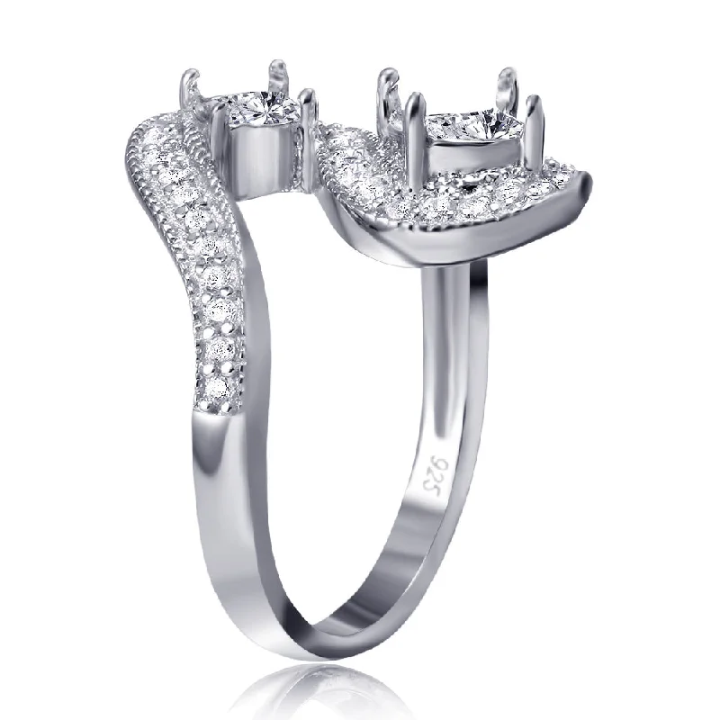 Ladies rings two-tone ring designs-Silver 925 Rhodium Plated Wave CZ Mounting Ring - BGR00812