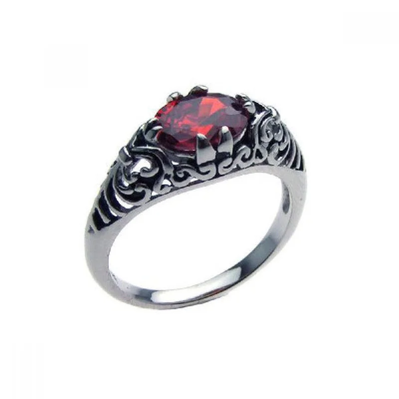 Ladies rings Japanese aesthetic rings-Silver 925 Oxidized Rhodium Plated Red CZ Antique Ring - STR00611