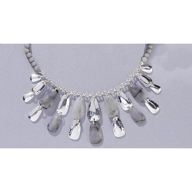 ladies necklace sale silver-Charlie Paige Silver Necklace w/ Gray & Silver Dangles