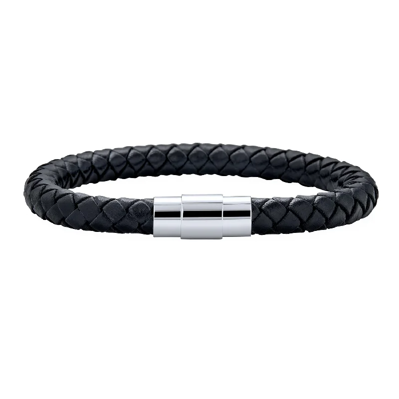 ladies bracelet infinity silver-Unisex Black Woven Leather Cuff Bracelet with Stainless Barrel Clasp for Men