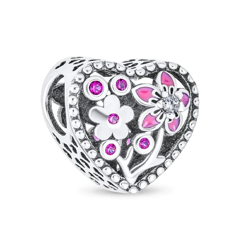 ladies bracelet sterling silver-Valentine CZ Accent Pink Red Enamel Flower Heart Charm Bead for Bracelets