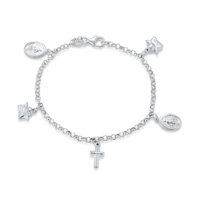 ladies bracelet artisan-Multi Charm Religious Anklet Ankle Bracelet Sterling Silver 10" with Crosses & Cherub