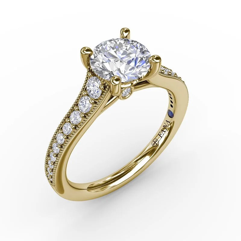 Ladies engagement rings sapphire accents-Classic Round Diamond Solitaire Engagement Ring With Milgrain Edge