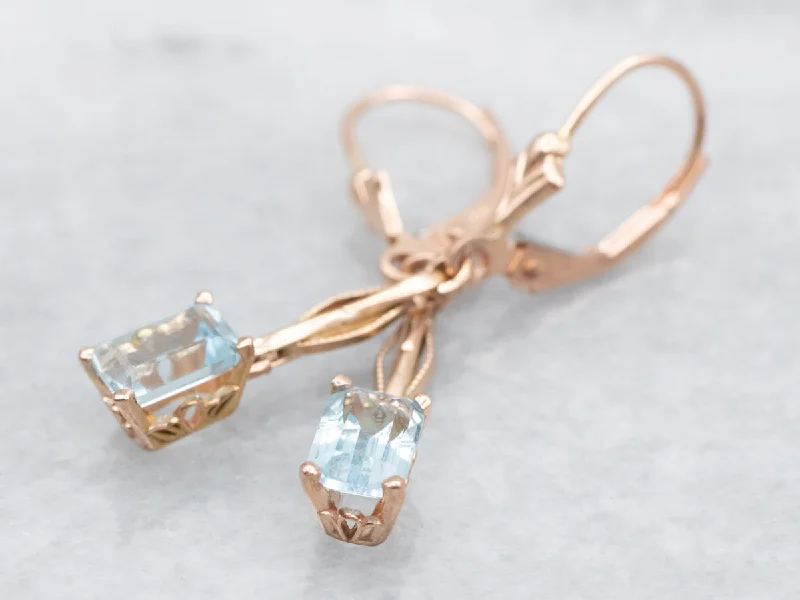 Ladies earrings asscher cut styles-Rose Gold Emerald Cut Blue Topaz Drop Earrings