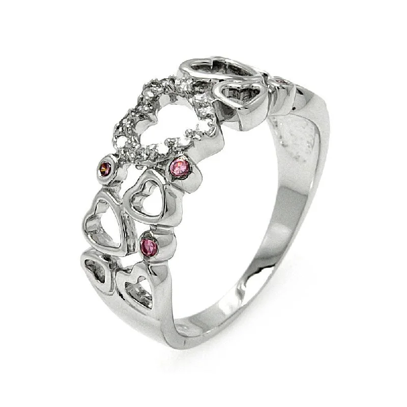 Ladies rings cross motif accents-Silver 925 Rhodium Plated Clear and Pink CZ Multi Heart Ring - BGR00587