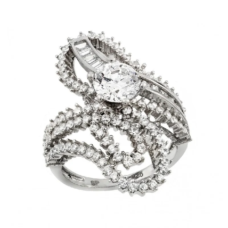 Ladies rings dangling charm styles-Silver 925 Rhodium Plated Clear Baguette Round Center CZ Ornate Wrap Ring - GMR00003