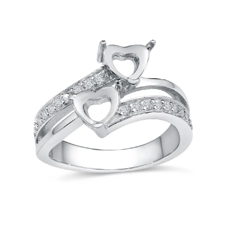 Ladies rings ombre effect designs-Rhodium Plated 925 Sterling Silver Double Heart Ring with CZ - BGR01021