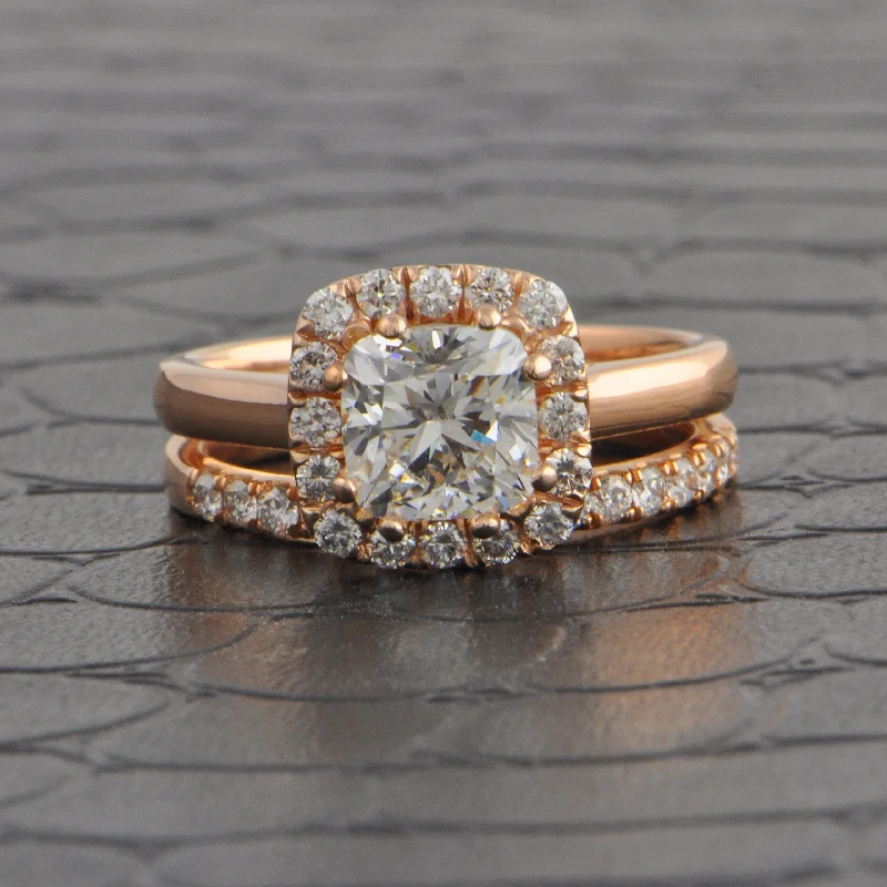 Ladies engagement rings ethical sourcing-GIA 2.01 ct. Cushion Cut Diamond Halo Engagement Ring Rose Gold