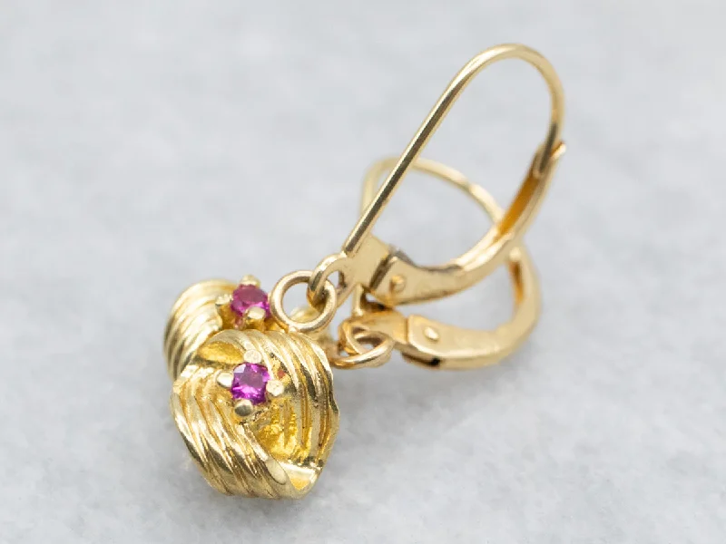 Ladies earrings floral detail earrings-Gold Ruby Twist Drop Earrings