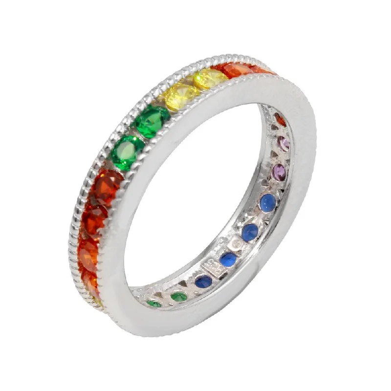 Ladies rings rose gold finishes-Rhodium Plated 925 Sterling Silver Rainbow CZ Eternity Ring - BGR01244