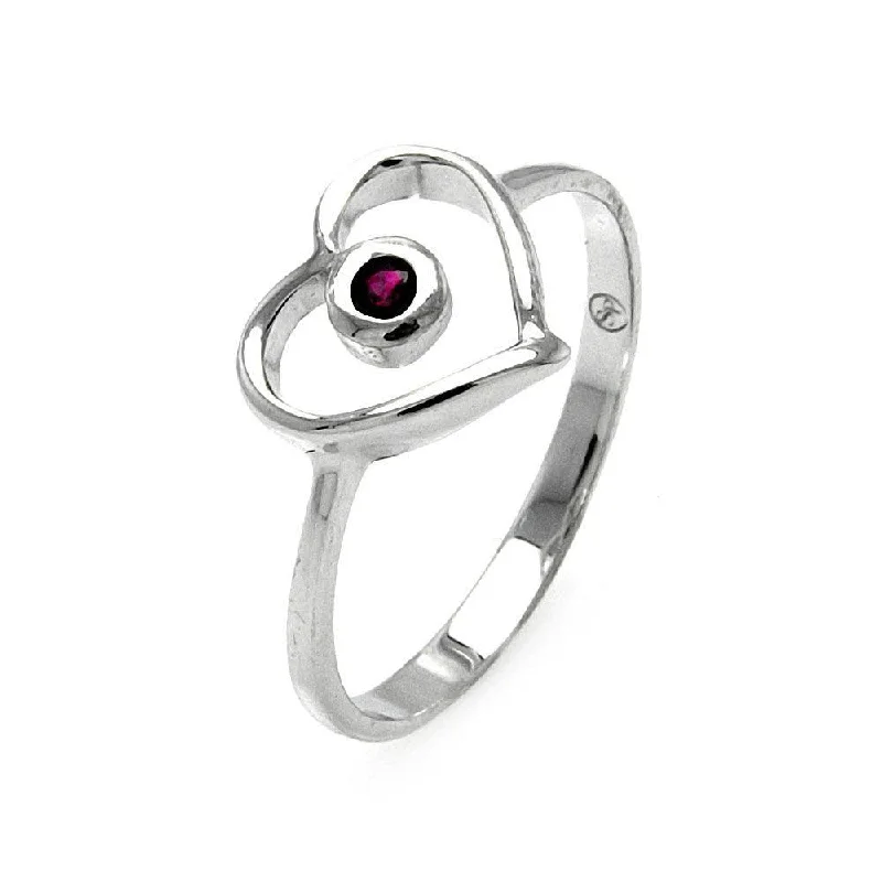 Ladies rings trendy fashion picks-Silver 925 Rhodium Plated Small Red CZ Open Heart Ring - STR00900