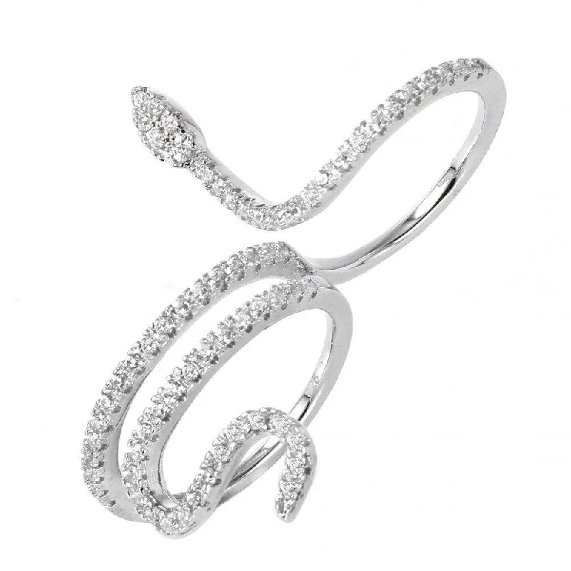 Ladies rings gold-plated finishes-Silver 925 Rhodium Plated Snake CZ Ring - GMR00038