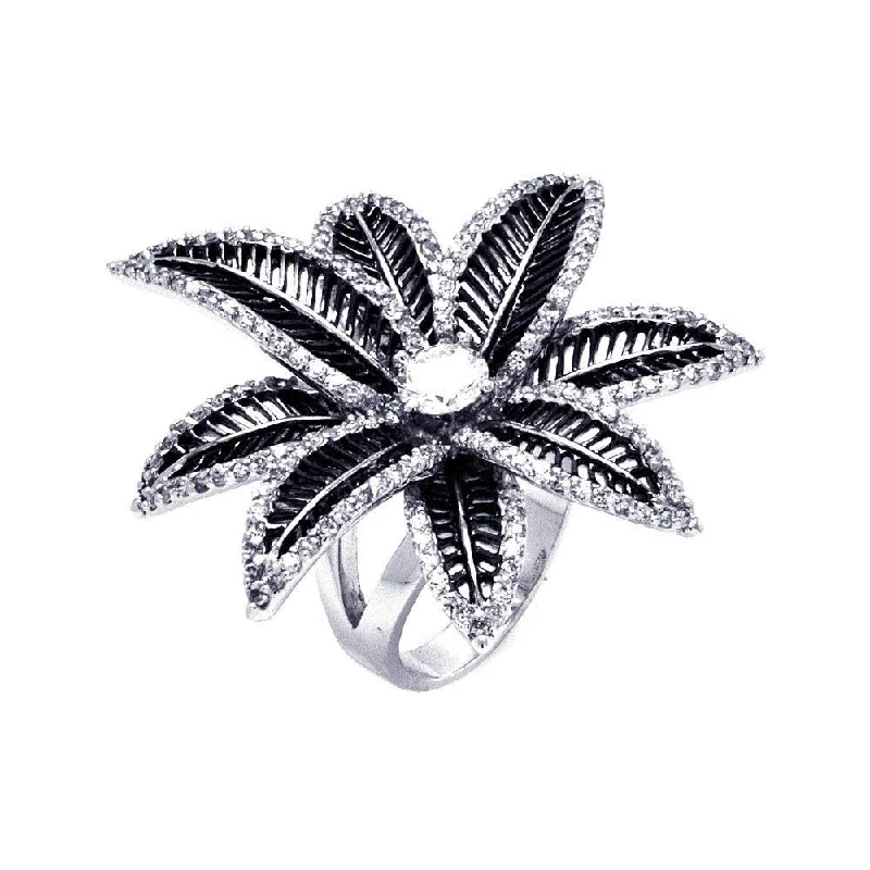 Ladies rings cluster ring styles-Silver 925 Rhodium and Black Rhodium Plated 2 Toned Round Center CZ Spiny Flower Ring - BGR00309