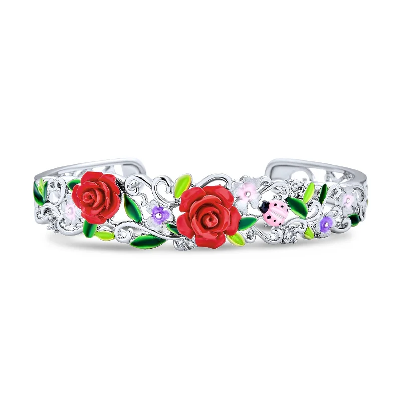 ladies bracelet cuff-Ladybug Floral Bouquet Red Rose Cuff Bracelet in Silver Filigree Design