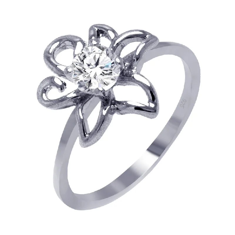 Ladies rings artisan metalwork styles-Silver 925 Rhodium Plated Clear Round Center CZ Flower Outline Ring - BGR00395