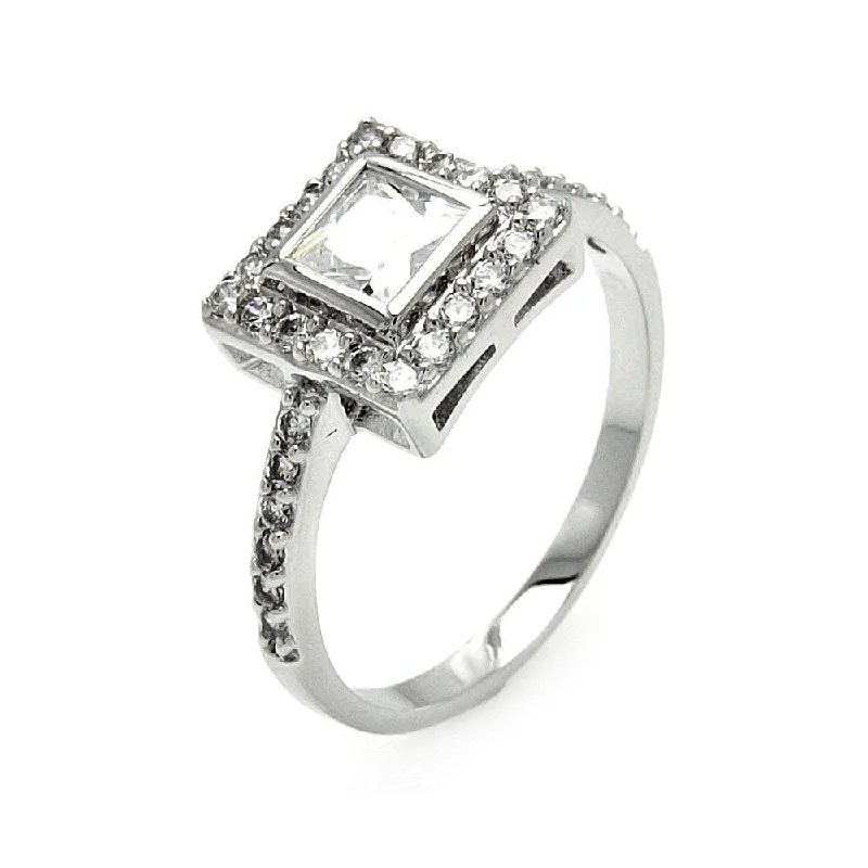 Ladies rings tapered band rings-Silver 925 Rhodium Plated Clear Cluster CZ Square Bridal Ring - BGR00572