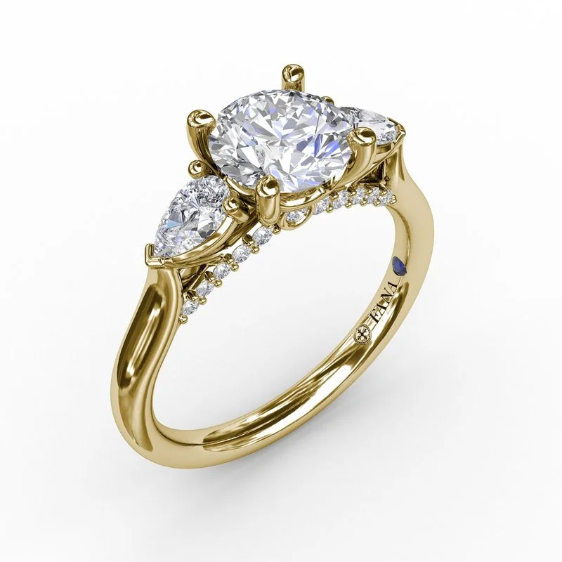 Ladies engagement rings mixed metal styles-Classic Three-Stone Diamond Engagement Ring With Pear-Shape Side Diamonds