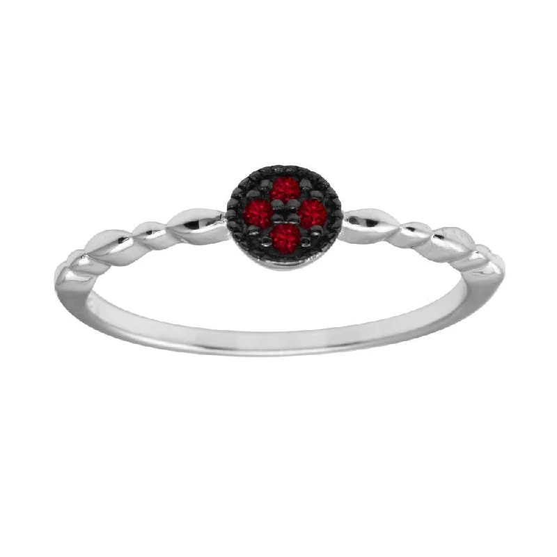 Ladies rings muted tone rings-Rhodium Plated 925 Sterling Silver Round Shape 4 Red CZ Ring - BGR01228RED