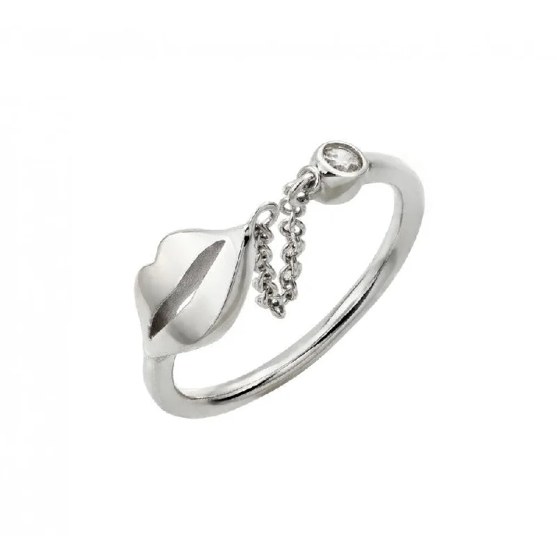 Ladies rings copper tone rings-Silver 925 Rhodium Plated Small Round CZ Open Lip Wire Ring - STR01004