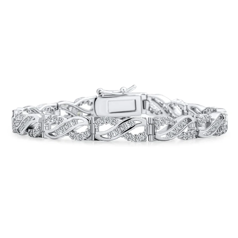 ladies bracelet woven gold-Bridal Romantic CZ Infinity Tennis Bracelet in Sterling Silver 7.5 Inches