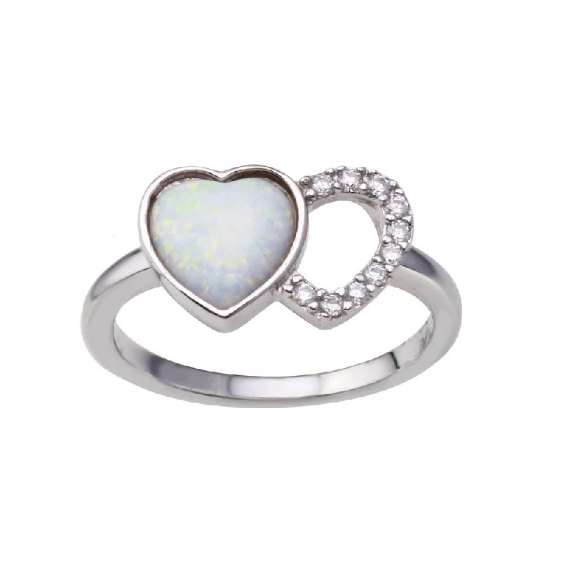 Ladies rings personalized touch options-Rhodium Plated 925 Sterling Silver 2 Open Heart Simulated Opal and Clear CZ Ring - BGR01354