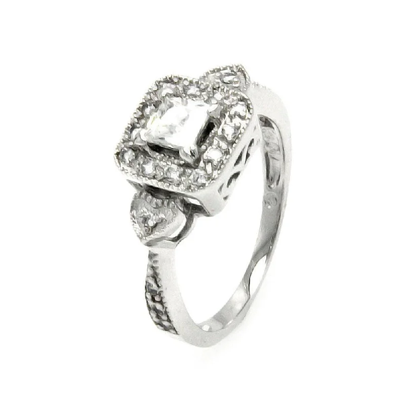 Ladies rings complex form styles-Silver 925 Rhodium Plated Clear Cluster CZ Square Heart Bridal Ring - BGR00470