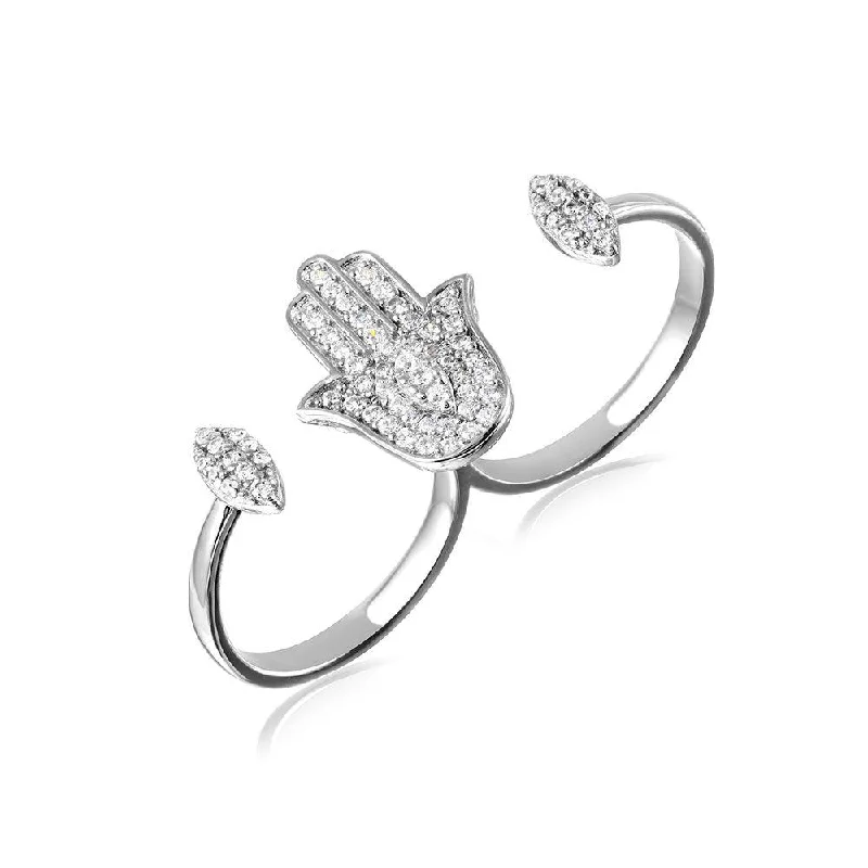 Ladies rings luxury brand picks-Silver 925 Rhodium Plated CZ Hamsa Hand Double Ring - GMR00102