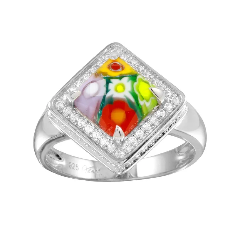 Ladies rings iridescent finish designs-Rhodium Plated 925 Sterling Silver Square Halo CZ Murano Glass Ring - MR00009