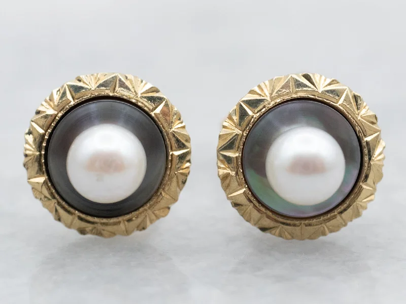 Ladies earrings baroque inspired designs-Yellow Gold Pearl and Mother of Pearl Stud Earrings