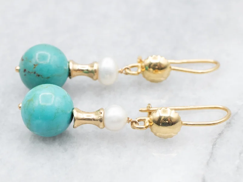 Ladies earrings loose drop styles-Beaded Turquoise and Pearl Drop Earrings