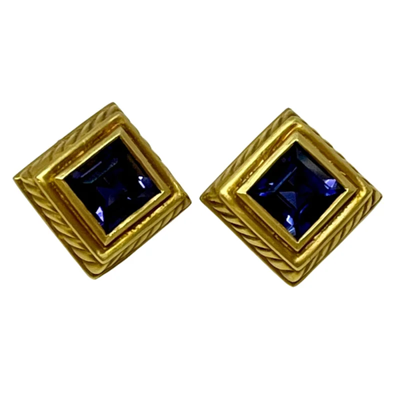 Ladies earrings avant-garde designs-Fredericka 18K Gold Square Set Faceted Iolite Earrings