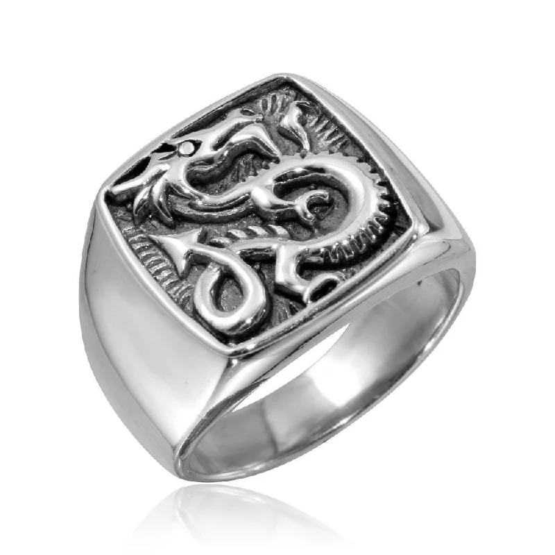 Ladies rings raw diamond designs-High Polished 925 Sterling Silver Square Dragon Ring - CR00797