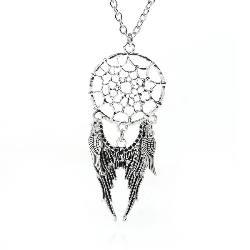 ladies necklace symmetrical-Angel Wing Dreamcatcher Pendant Necklace