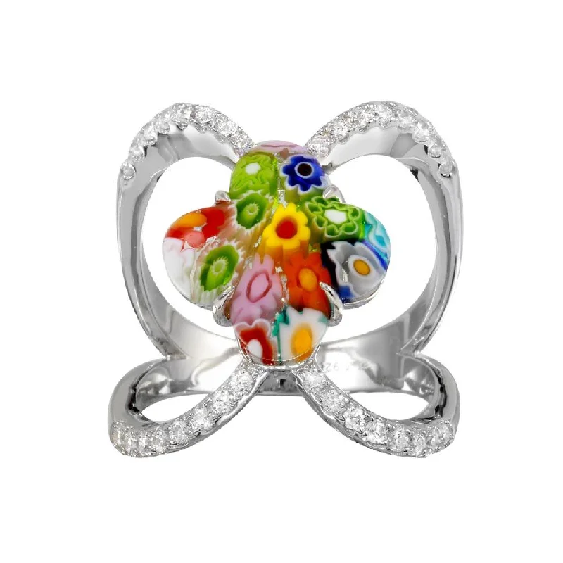 Ladies rings modern art rings-Rhodium Plated 925 Sterling Silver Open Shank Flower Shape Murano Glass CZ Ring - MR00013