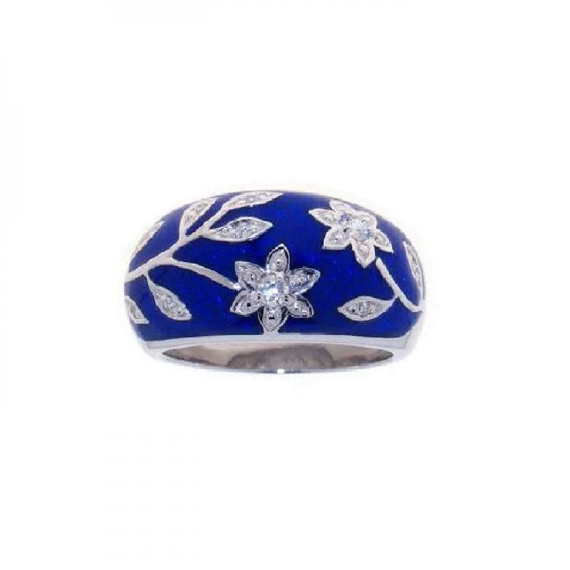 Ladies rings half-eternity designs-Silver 925 Rhodium Plated Blue Enamel CZ Flower Ring - STR00607