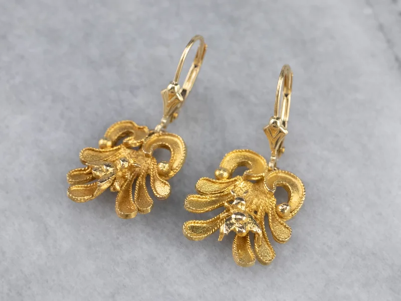 Ladies earrings durable craft designs-Bee and Flower 18K Gold Drop Earrings