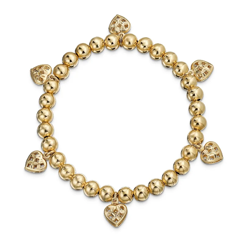 ladies bracelet bold-Multi Heart Dangle Charms Stretch Bracelet 18K Gold Plated Brass 6.5-7.5 Inch