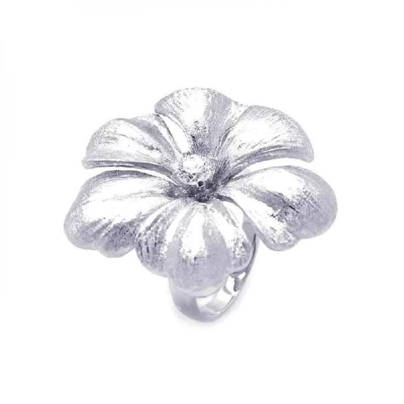 Ladies rings contemporary classic designs-Silver 925 Rhodium Plated Matte Finish Single CZ Flower Ring - STR00820