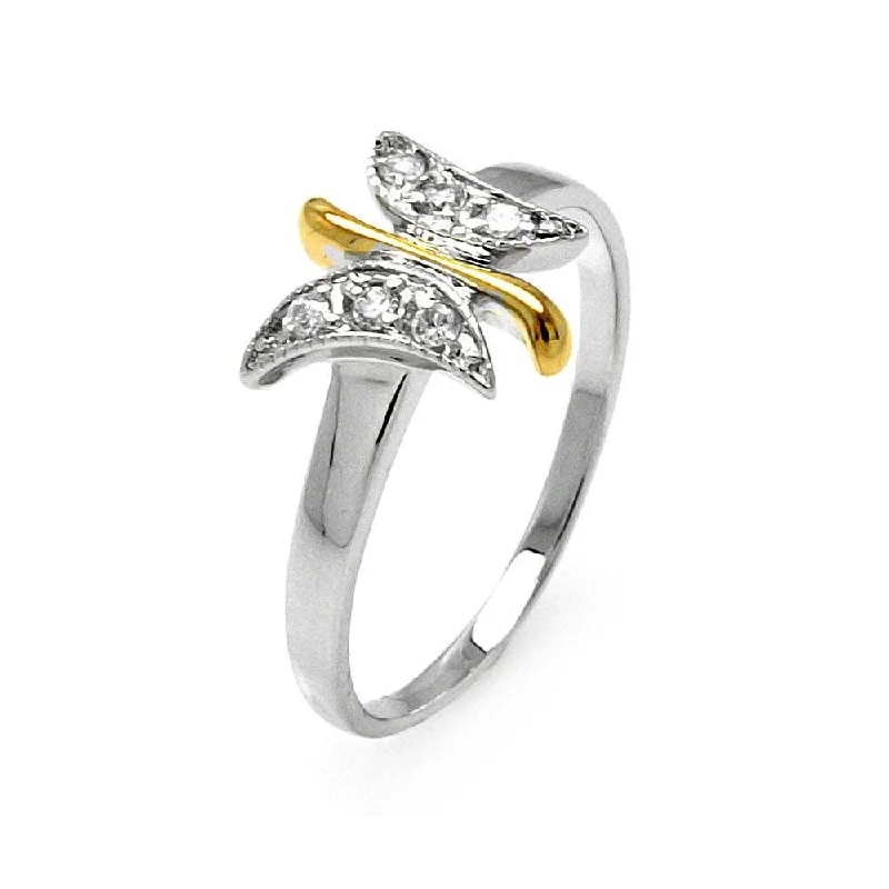 Ladies rings mixed material designs-Silver 925 Rhodium and Gold Plated 2 Toned Clear Pave Set CZ Butterfly Ring - BGR00505