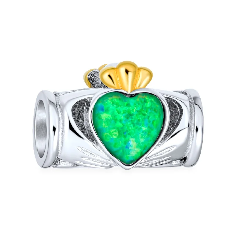 ladies bracelet rigid-Green Opal Heart Crown Claddagh Charm Bead Two-Tone Silver for European Bracelet