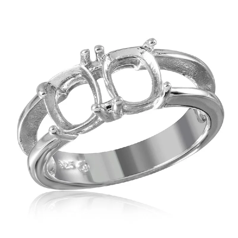 Ladies rings sun motif styles-Silver 925 Rhodium Plated Open Shank 2 Stones Mounting Ring - BGR01196