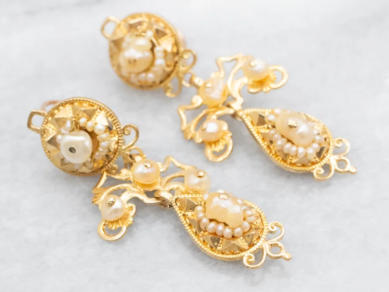 Ladies earrings rococo elegance earrings-Antique Natural Pearl and Gold Filigree Drop Earrings