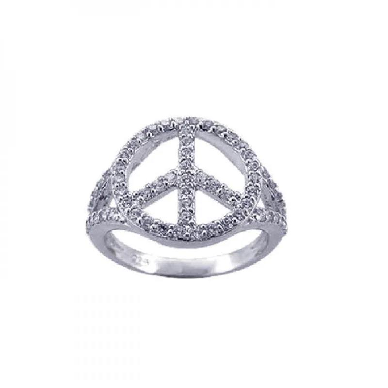 Ladies rings retro charm designs-Silver 925 Rhodium Plated CZ Peace Sign Ring - STR00595