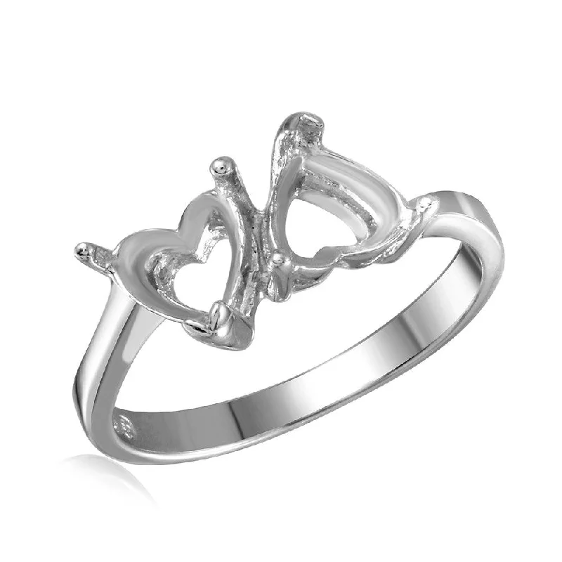 Ladies rings extra thin rings-Silver 925 Rhodium Plated Double Heart Mounting Ring - BGR00474