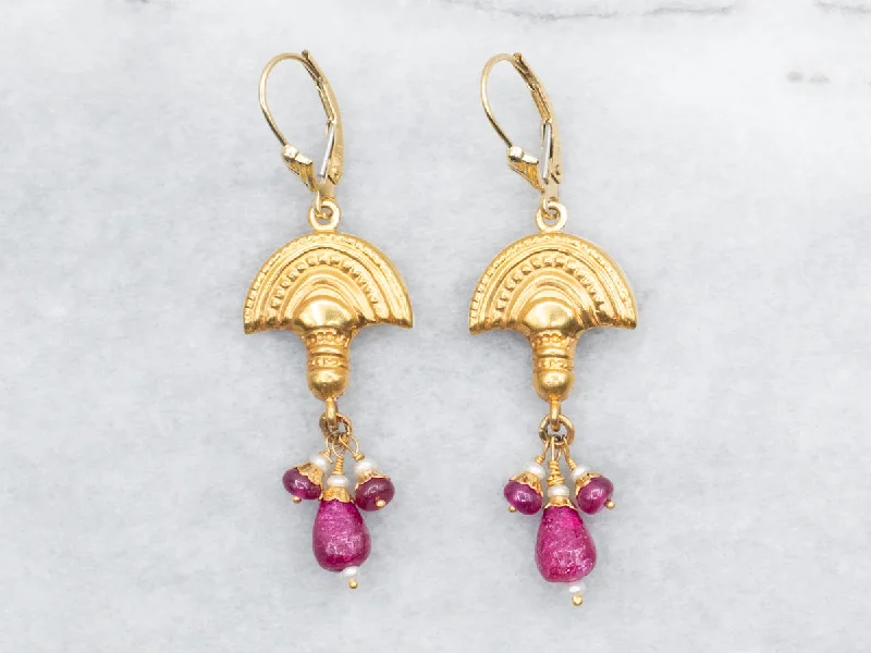 Ladies earrings classic vintage looks-Yellow Gold Drop Earrings with Ruby and Seed Pearl Accents