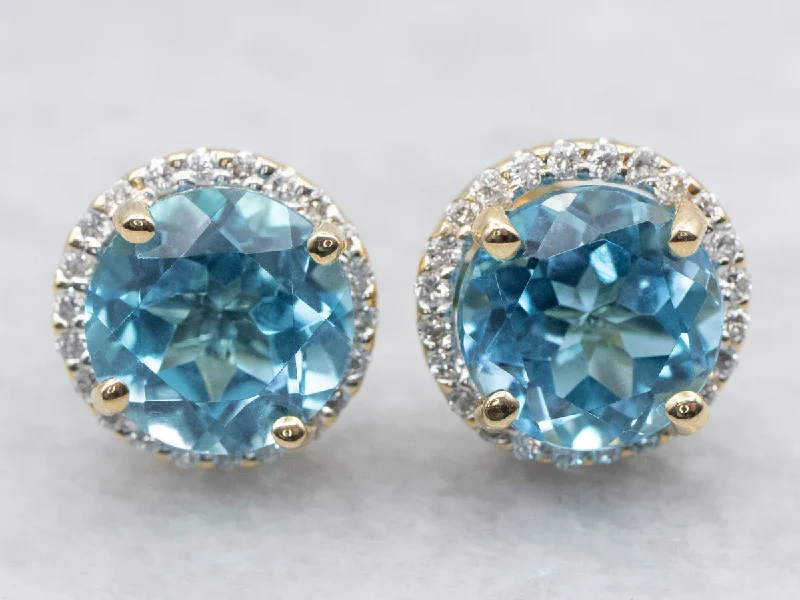 Ladies earrings rustic charm styles-Yellow Gold Blue Topaz and Diamond Halo Stud Earrings